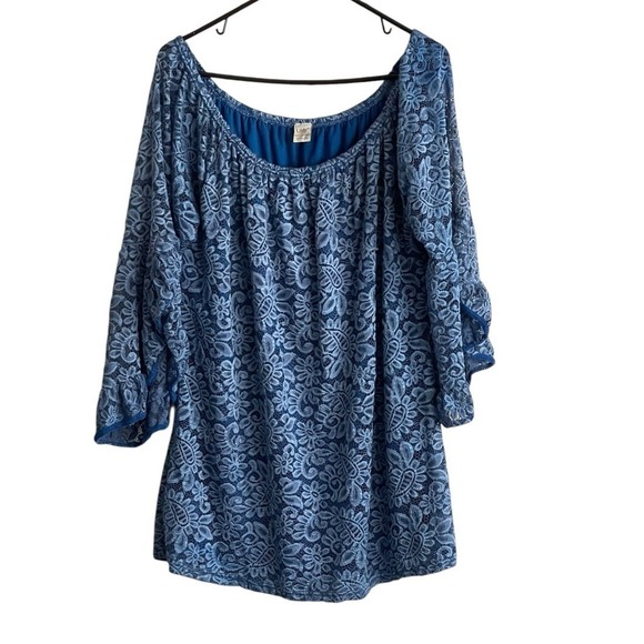 lildy Tops - Lildy Women Sz XL Full Lace Tunic Blue Floral 3/4 Bell Sleeve Lined Blouse boho